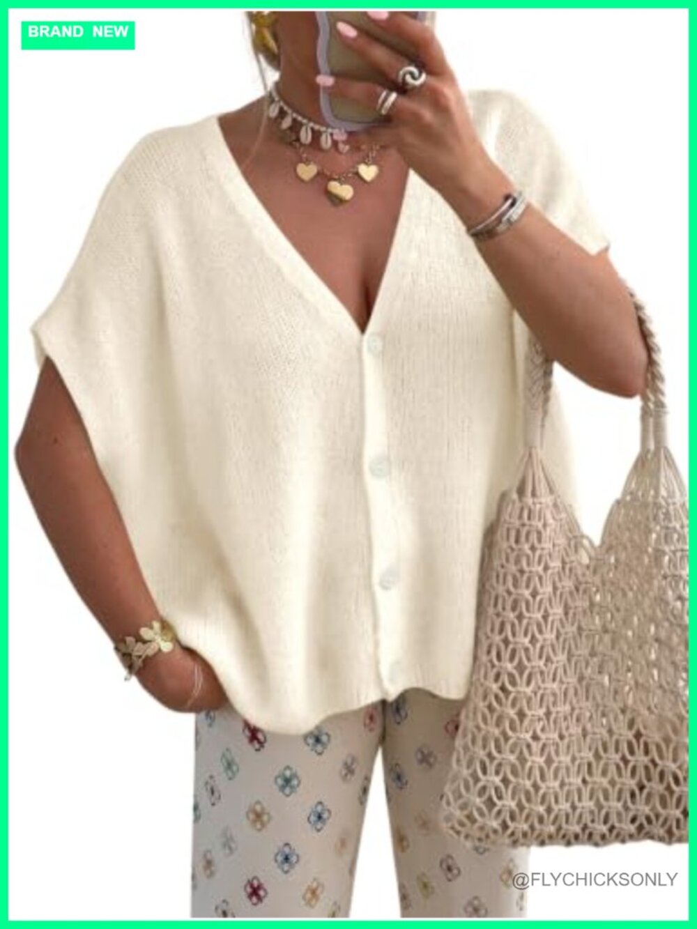 Oversized Lightweight Cardigan Short Sleeve V-Neck Knit Sweater - 40%Polyamide